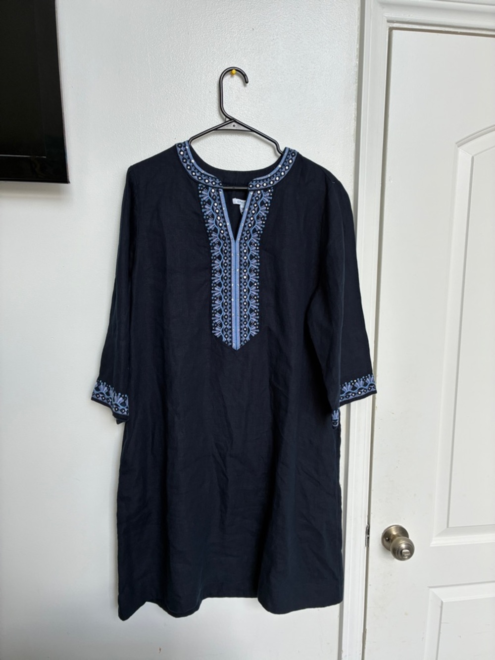 Chico's Navy Top with Light Blue Embroidered Placket